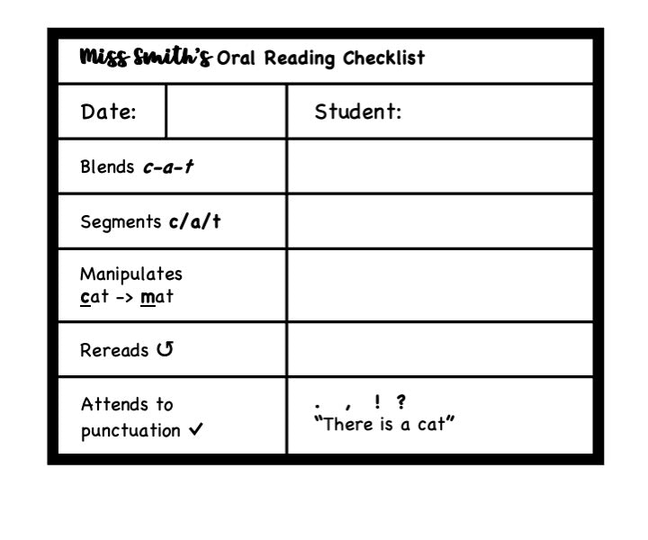 Reading Observation Checklist